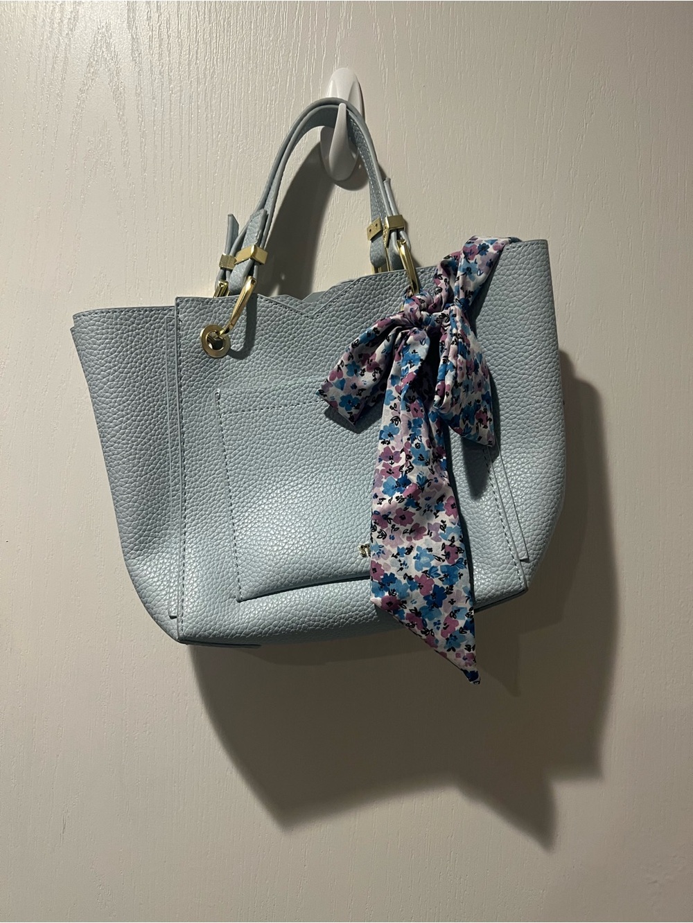 Steve Madden Light Blue Pebbled Tote with Floral Scarf Accent
